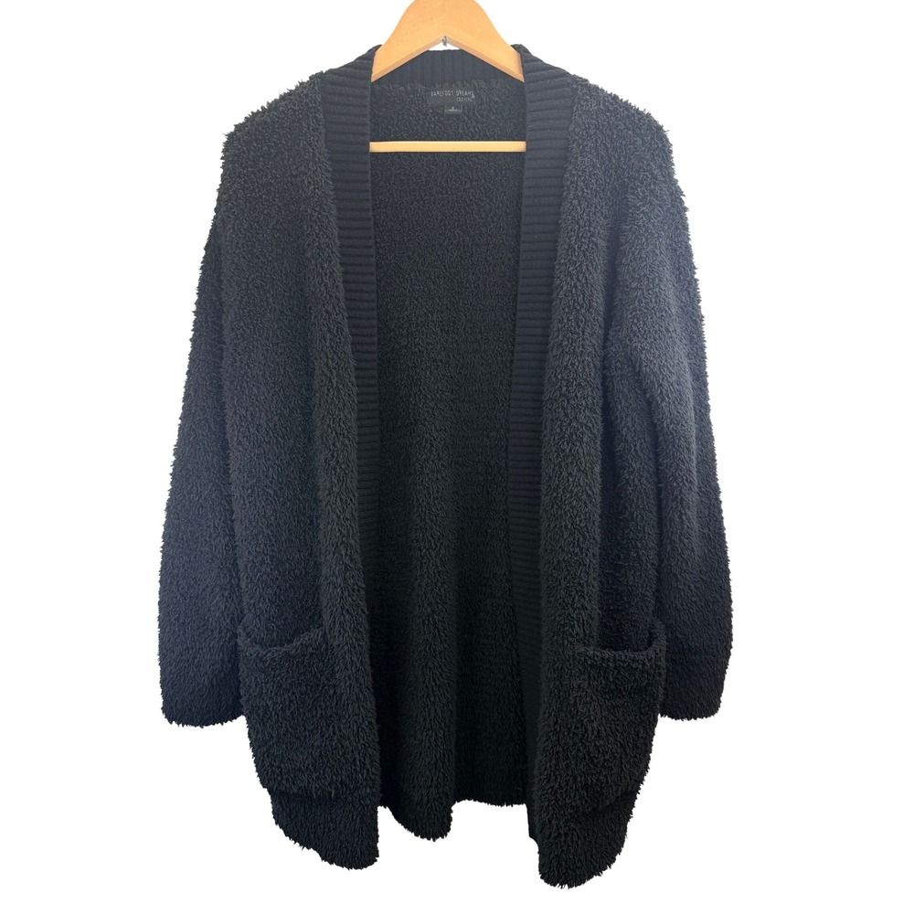 Barefoot Dreams CozyChic Cardigan Black Ribbed Collar Pockets Women's Sz S Comfy